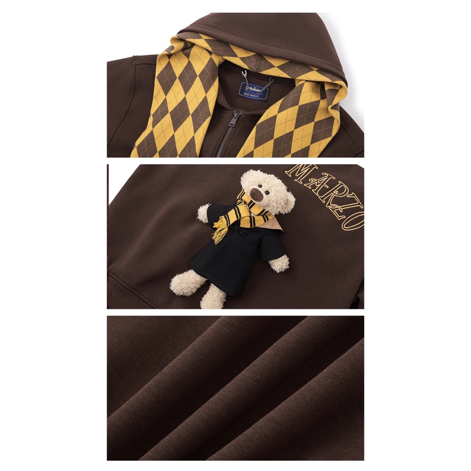 Harry Potter × 13DE MARZO Hogwarts Four Houses Bear Zipper Hoodie Hufflepuff Brown product image 7