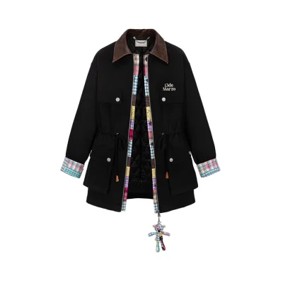 13DE MARZO Patchwork Bear Parka Coat Black
