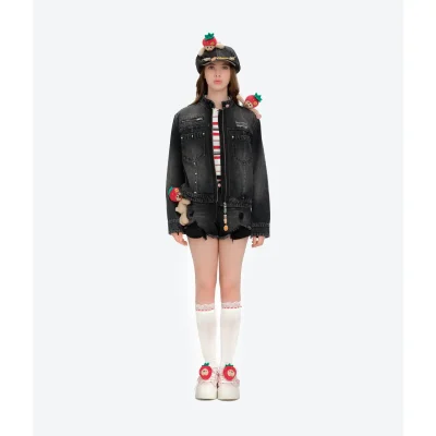 13DE MARZO Zip-Up Denim Jacket Black front view