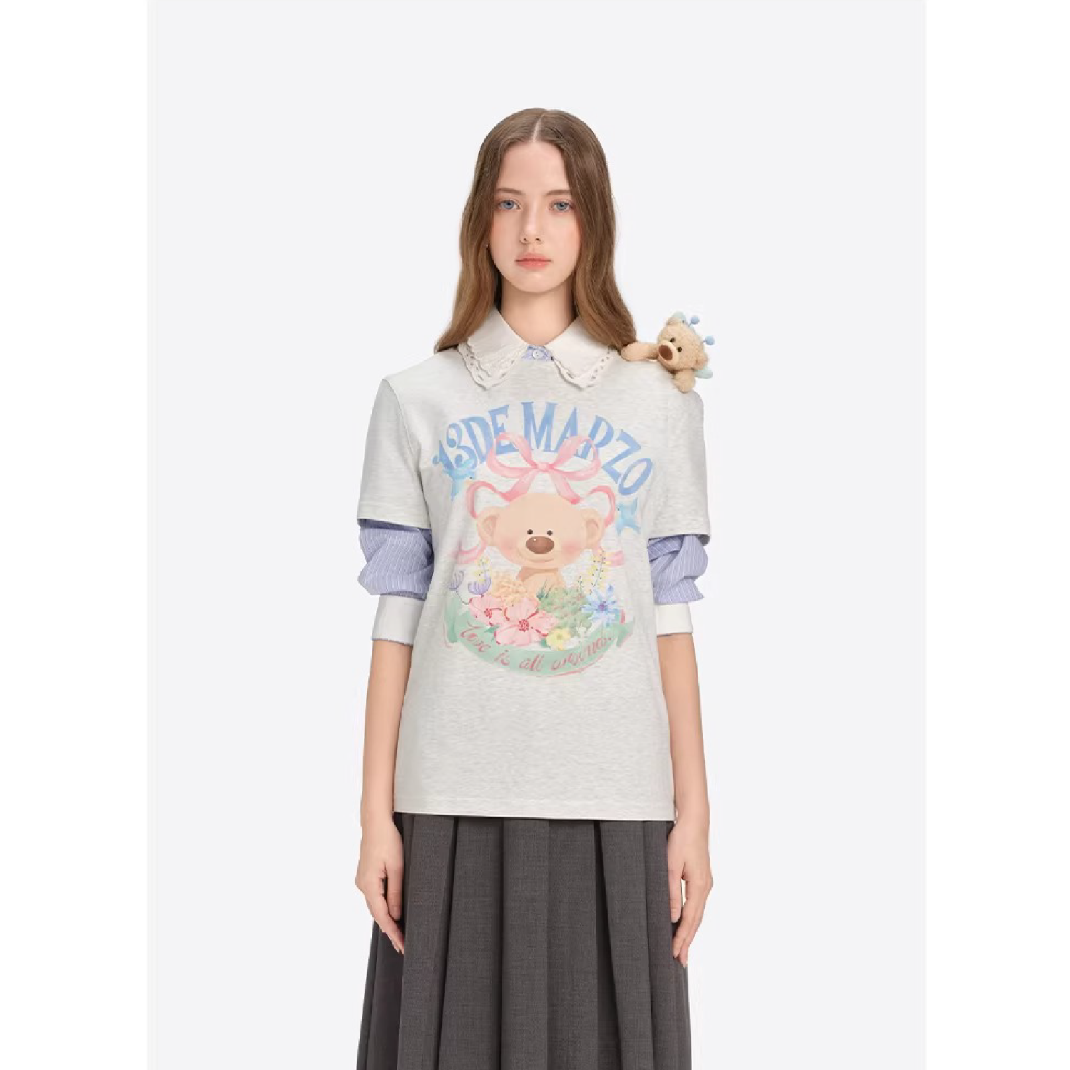13DE MARZO Floral Bear Illustration T-Shirt Grey