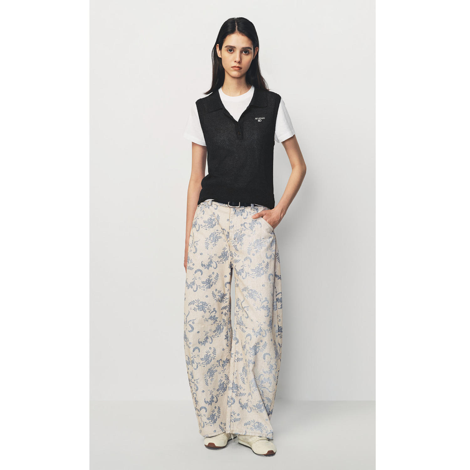 AVVENN Botanical Print Belted Wide-Leg Jeans