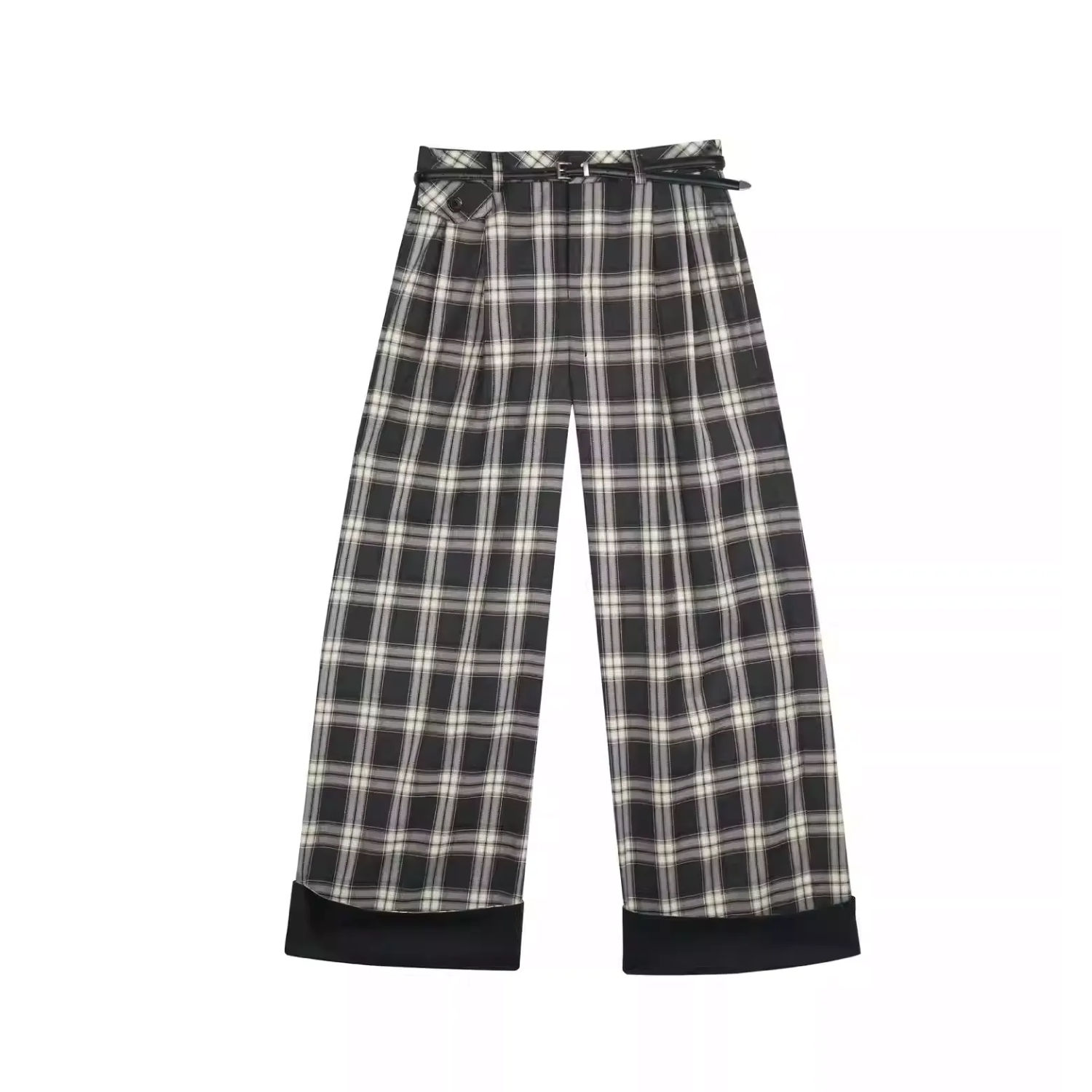 REVAN Plaid Belted Wide Leg Pants Grey