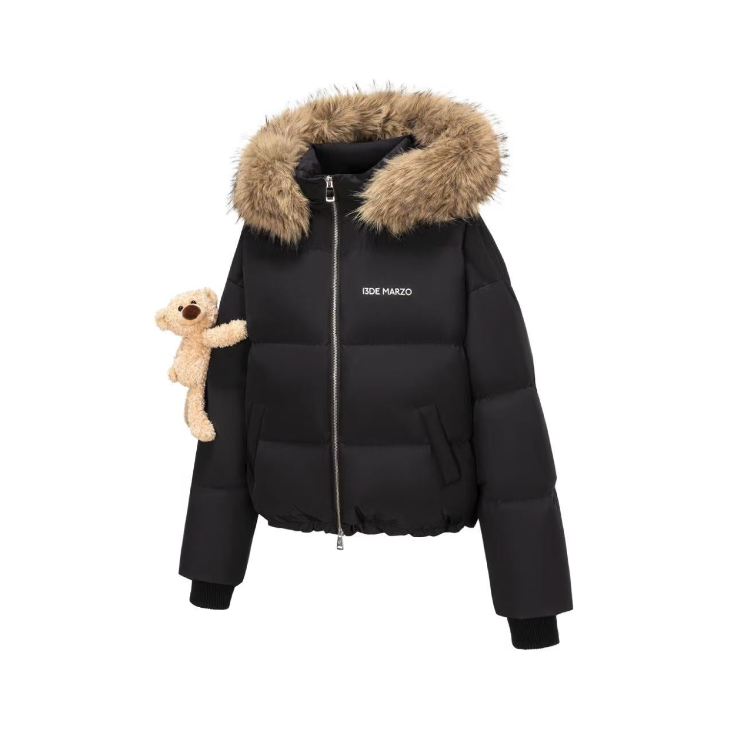 13DE MARZO Bear Fuzzy Hood Down Jacket Black front view