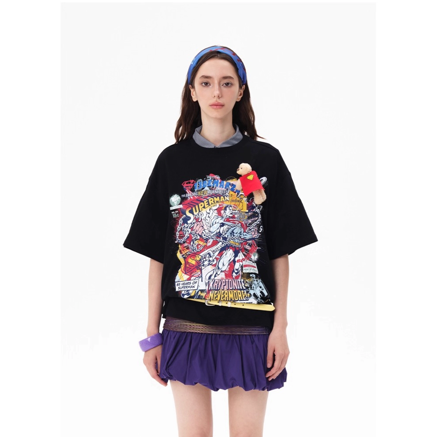 13DE MARZO Superman Bear Illustrated T-shirt Black