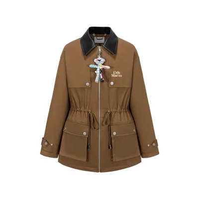 13DE MARZO Patchwork Bear Parka Coat Brown