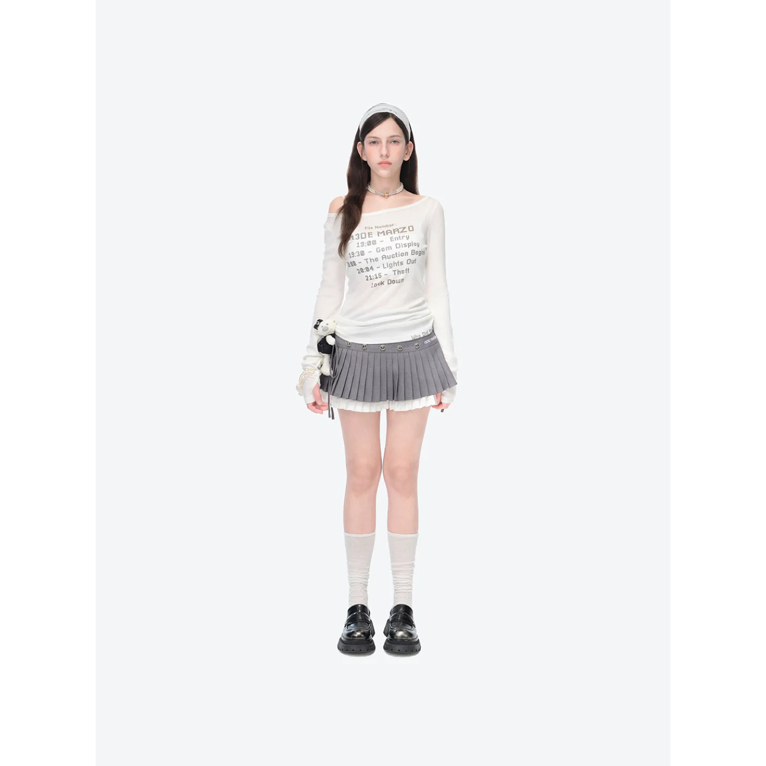 13DE MARZO Faux Rhinestones Double-Layer Pleated Skirt Grey front view