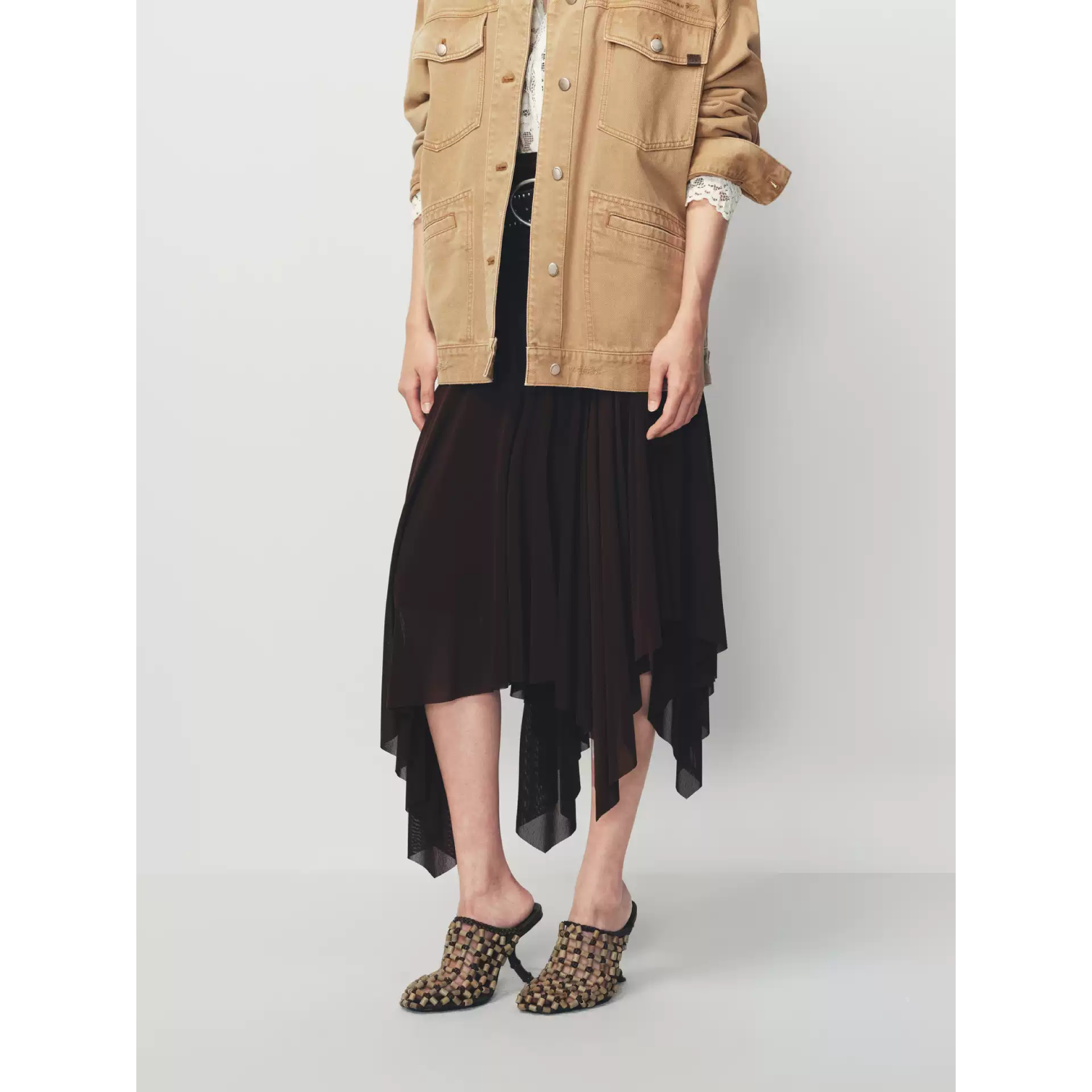 AVVENN Studded Belt Asymmetric Knit Skirt Chocolate