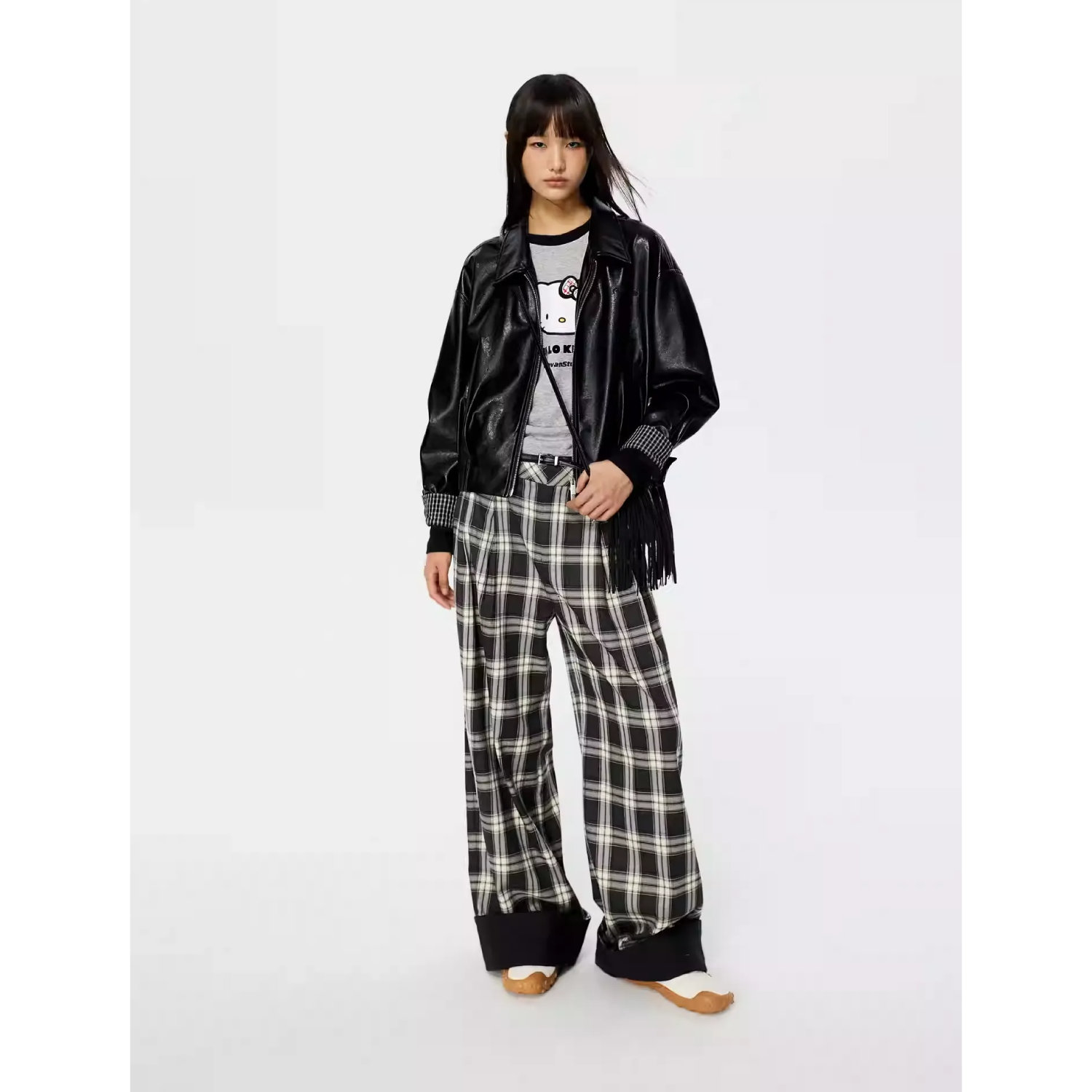 REVAN Plaid Belted Wide Leg Pants Grey