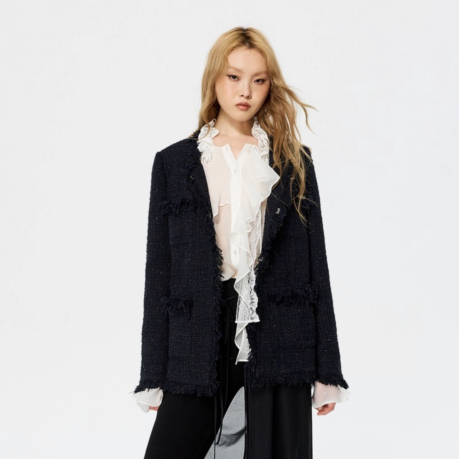 REVAN Pearl Chain Tweed Jacket Navy Blue