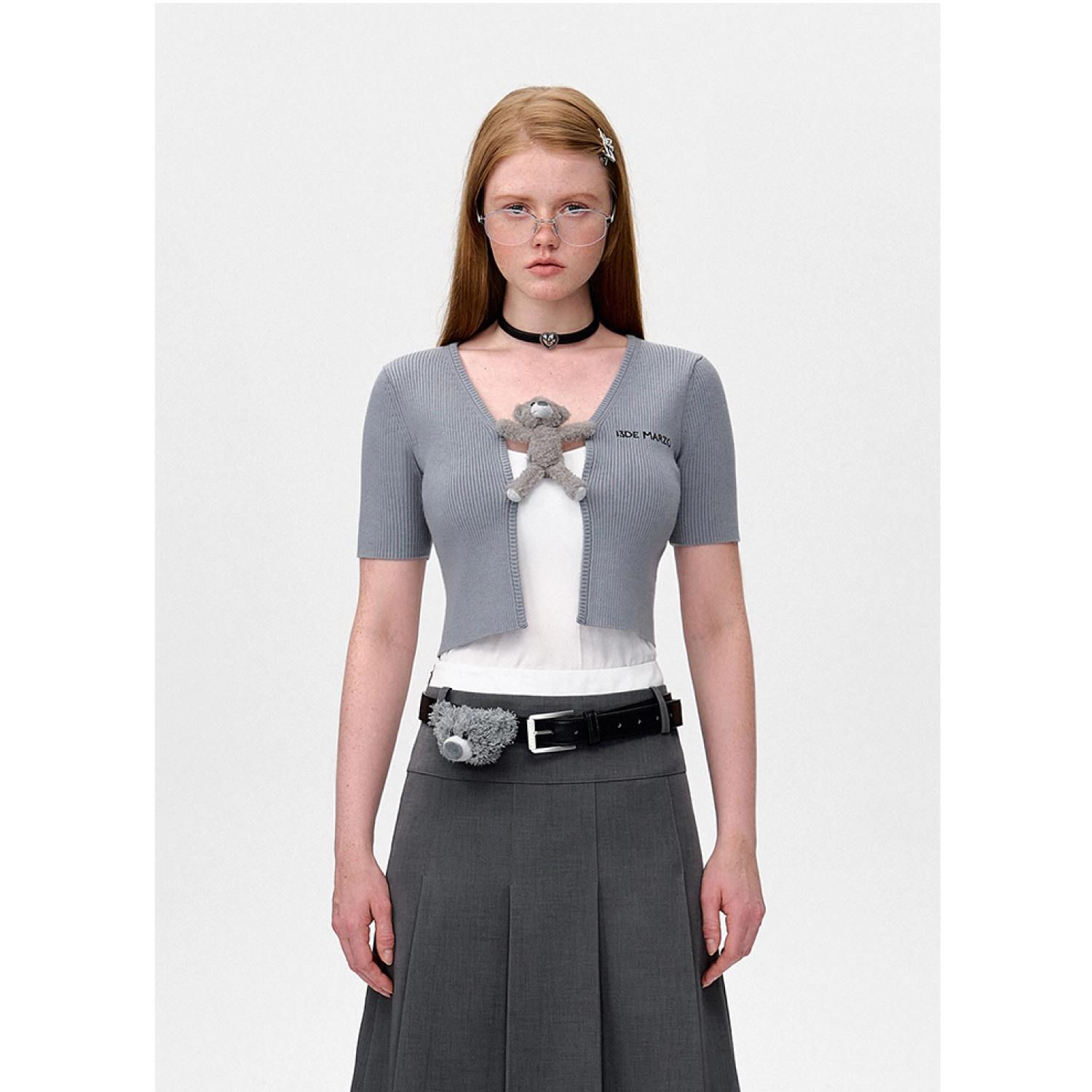 13DE MARZO Bear Buckle Thin Cardigan Grey