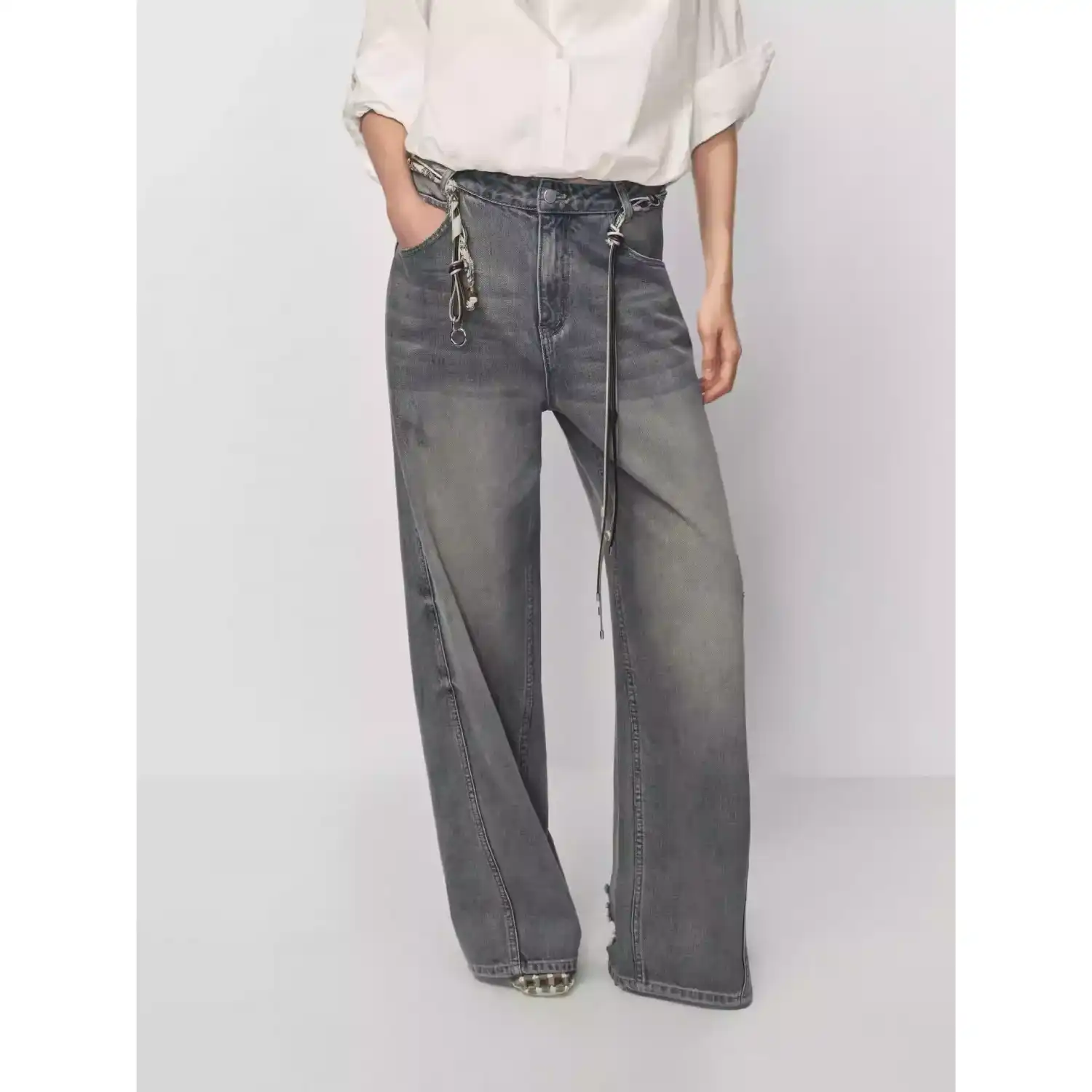 AVVENN Textured Slub Twill Straight-Leg Jeans with Chain front view
