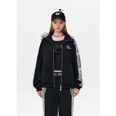 13DE MARZO Bear Lacy Knot Zip Sweatshirt Black