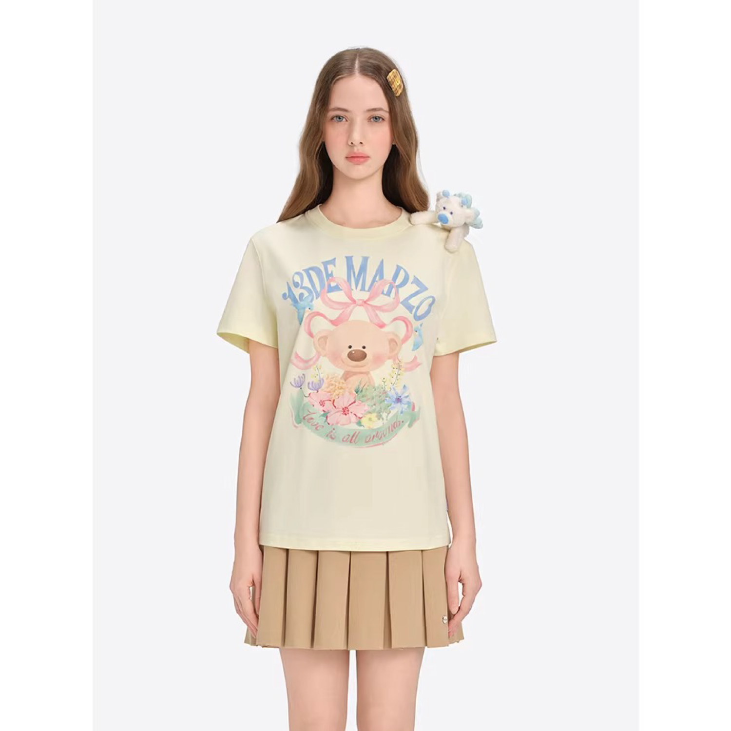13DE MARZO Floral Bear Illustration T-Shirt Yellow