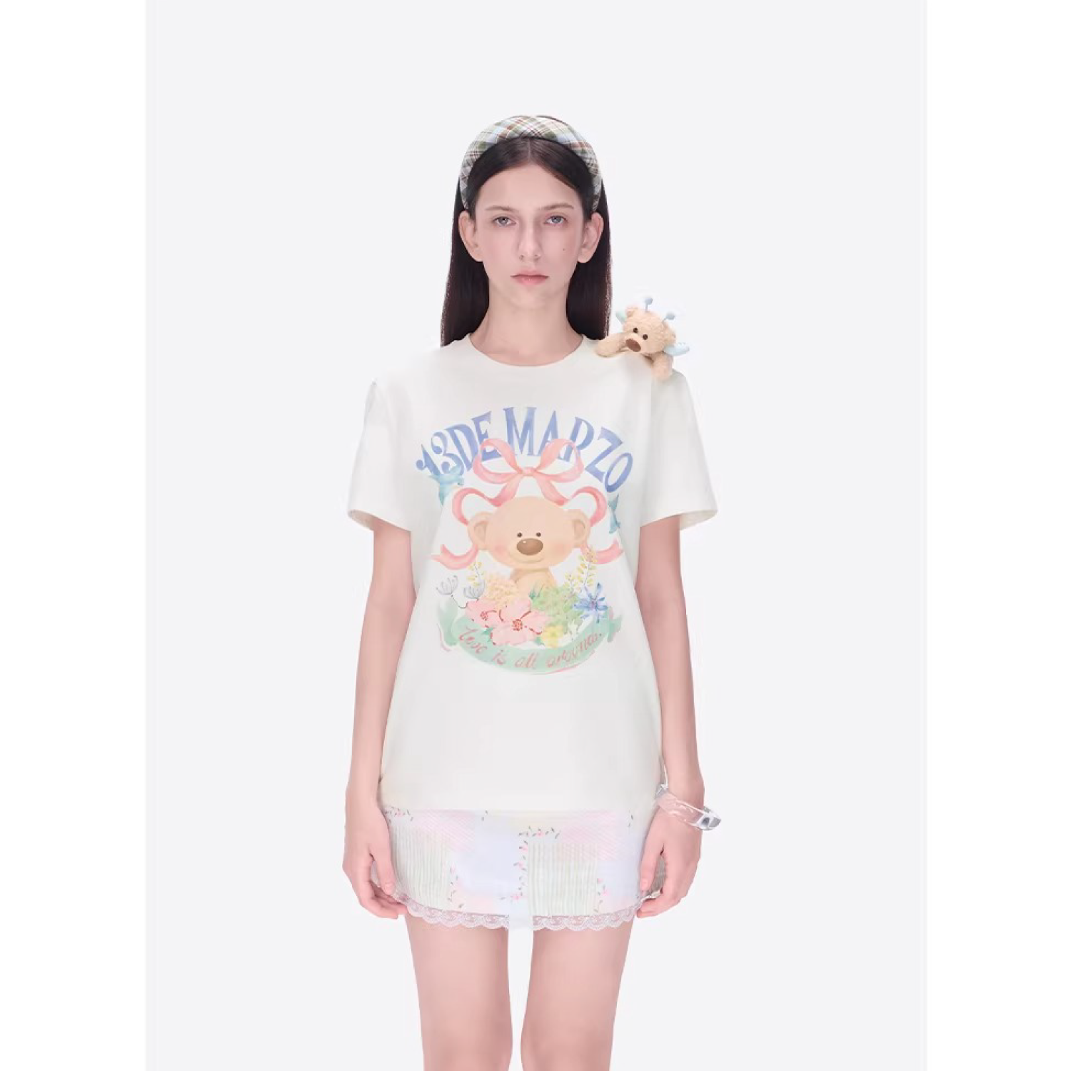 13DE MARZO Floral Bear Illustration T-Shirt White