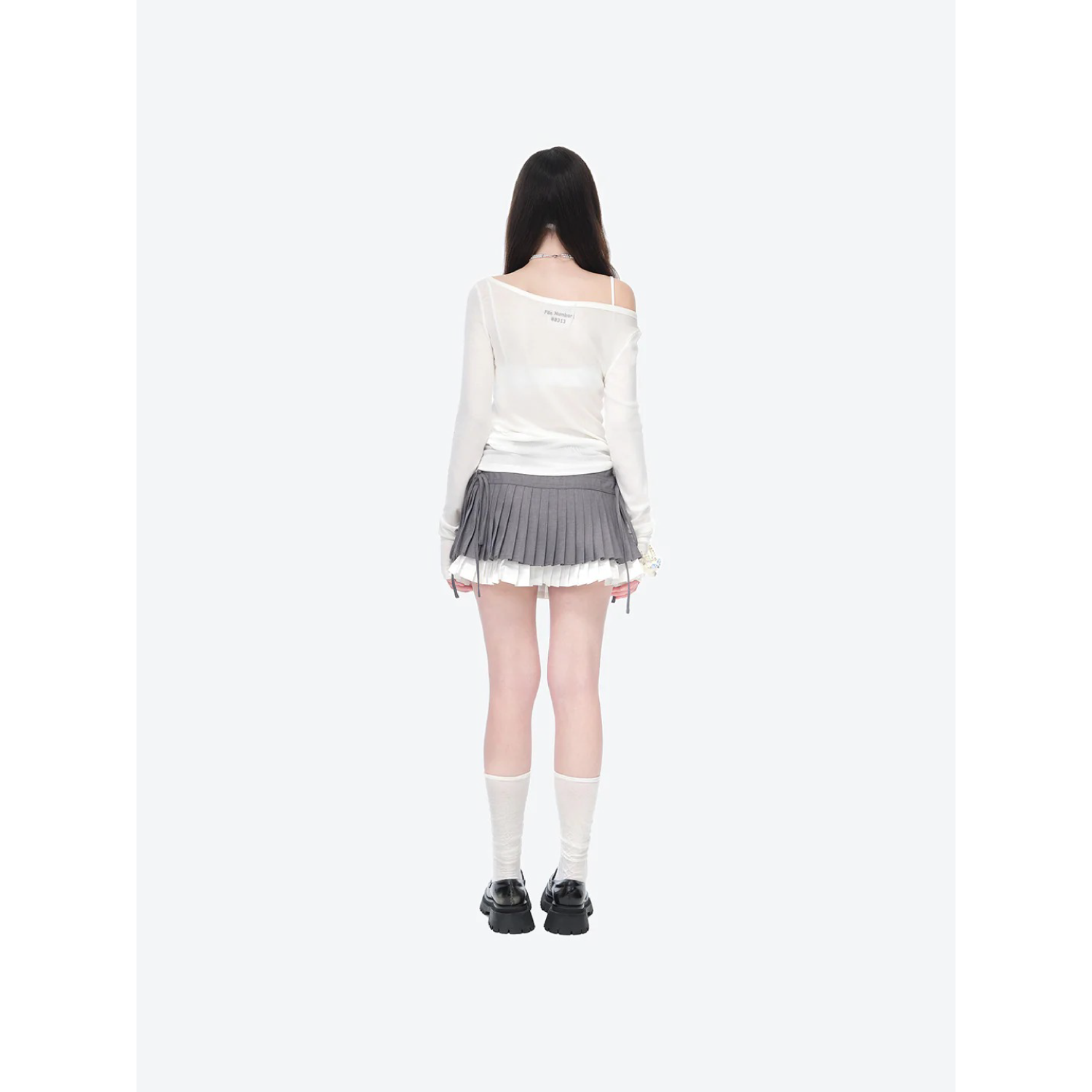 13DE MARZO Faux Rhinestones Double-Layer Pleated Skirt Grey detail view