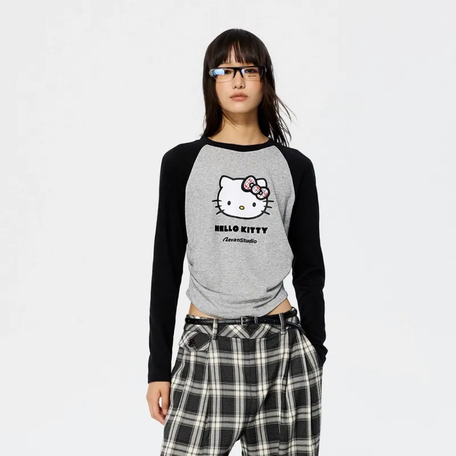 REVAN x Hello Kitty Contrast Raglan Long Sleeve Tee Grey Black
