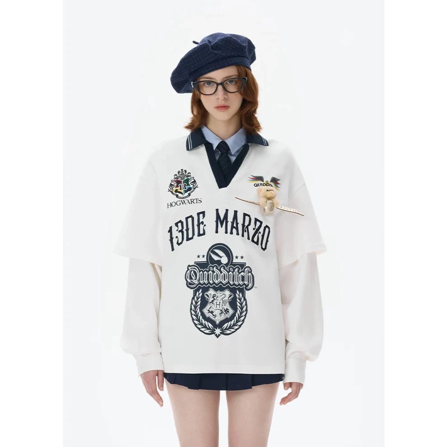 Harry Potter × 13DE MARZO Quidditch Bear Sports Shirt White
