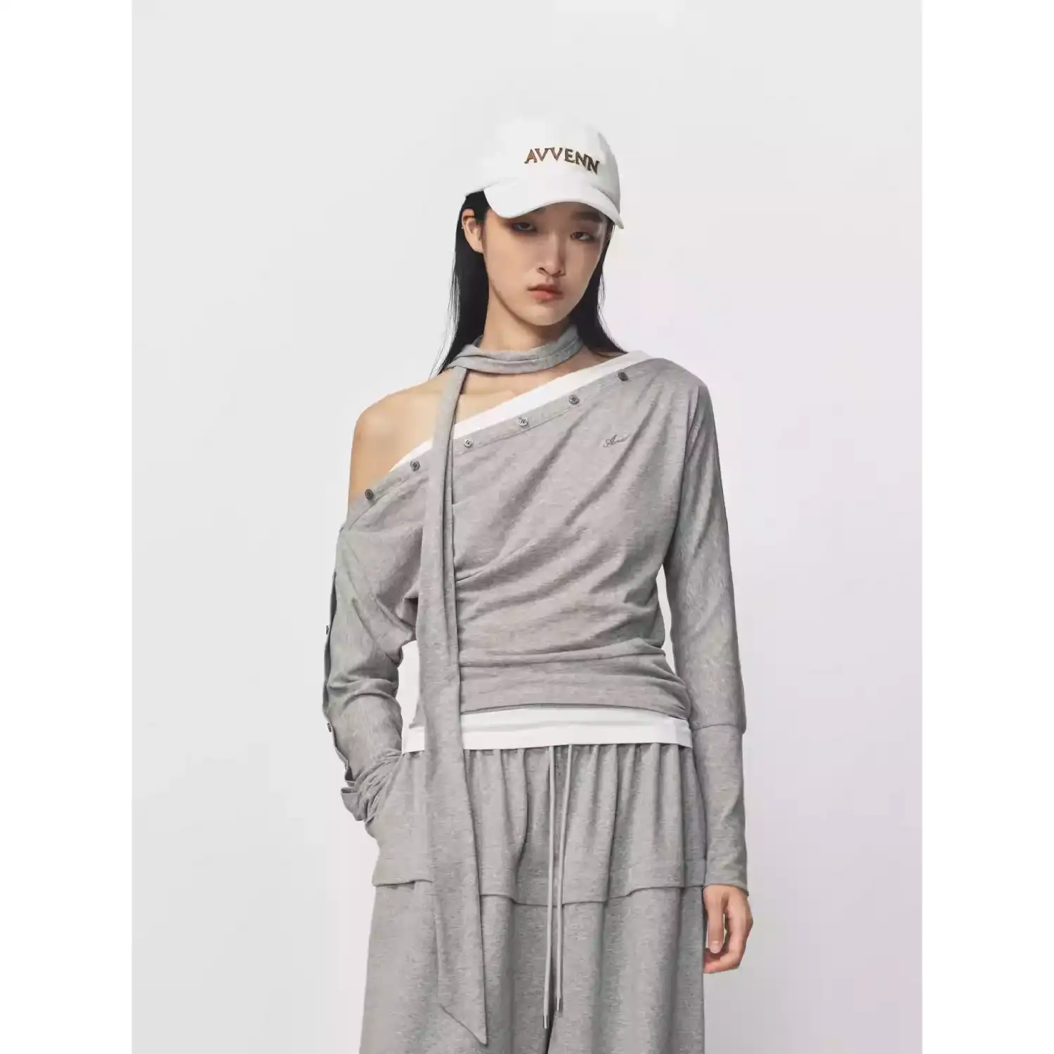 AVVENN Grey Asymmetric Cut-Out Top with Scarf Tie front view