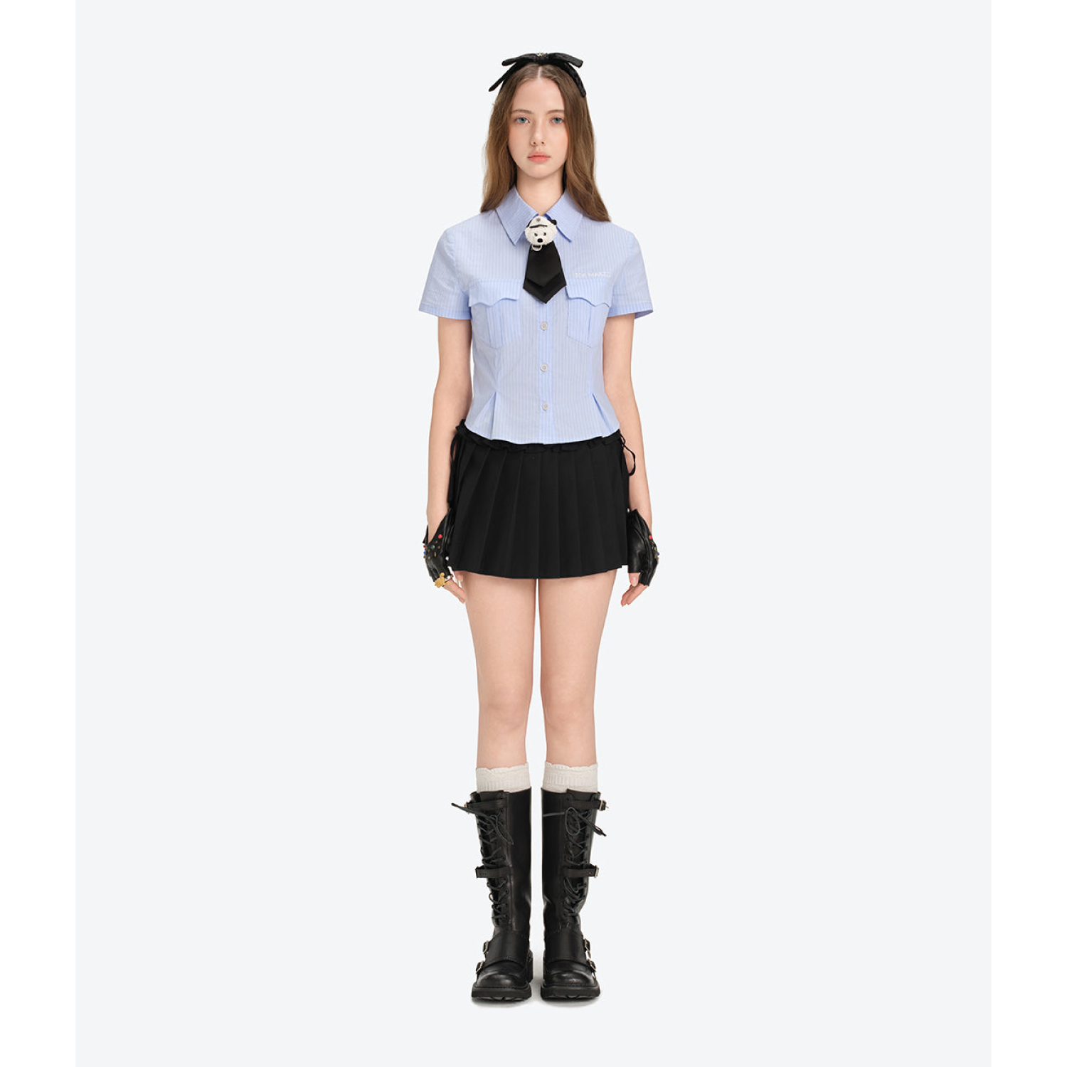 13DE MARZO Bear Fitted Waist Shirt Blue front view