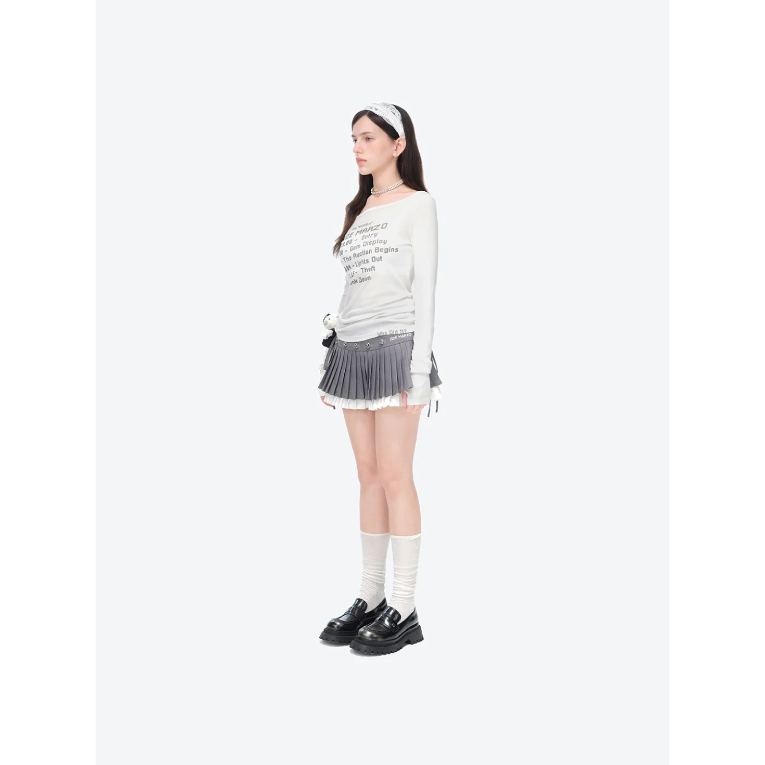 13DE MARZO Faux Rhinestones Double-Layer Pleated Skirt Grey back view