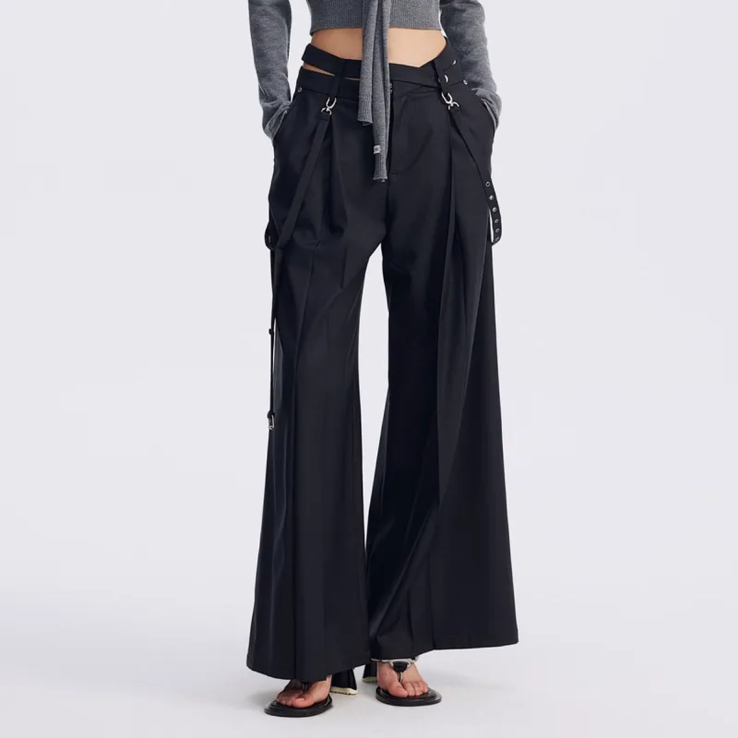 REVAN Asymmetrical Waist Wide-Leg Trousers Grey