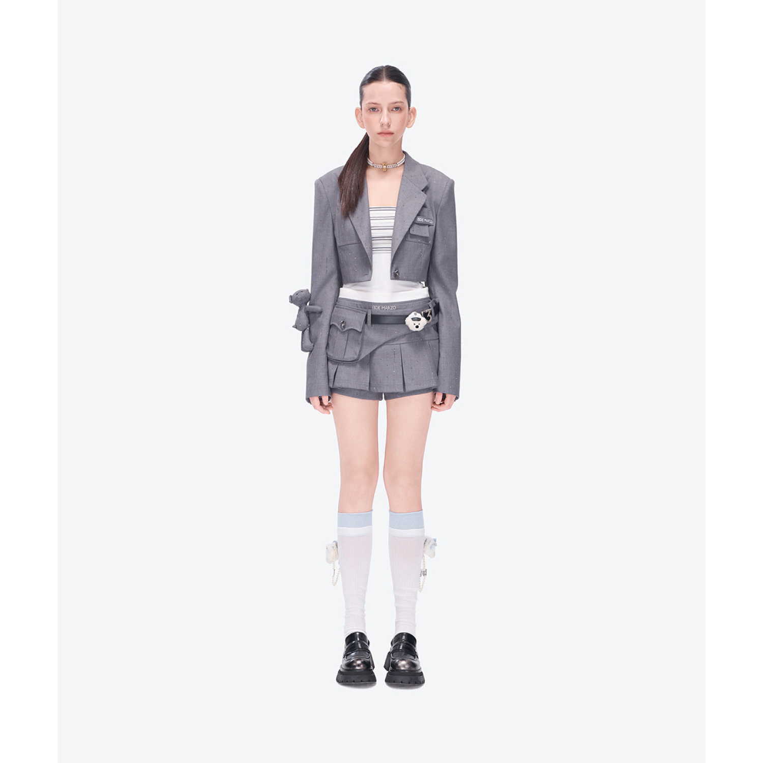 13DE MARZO Pocket Blazer Pleated Skirt Grey