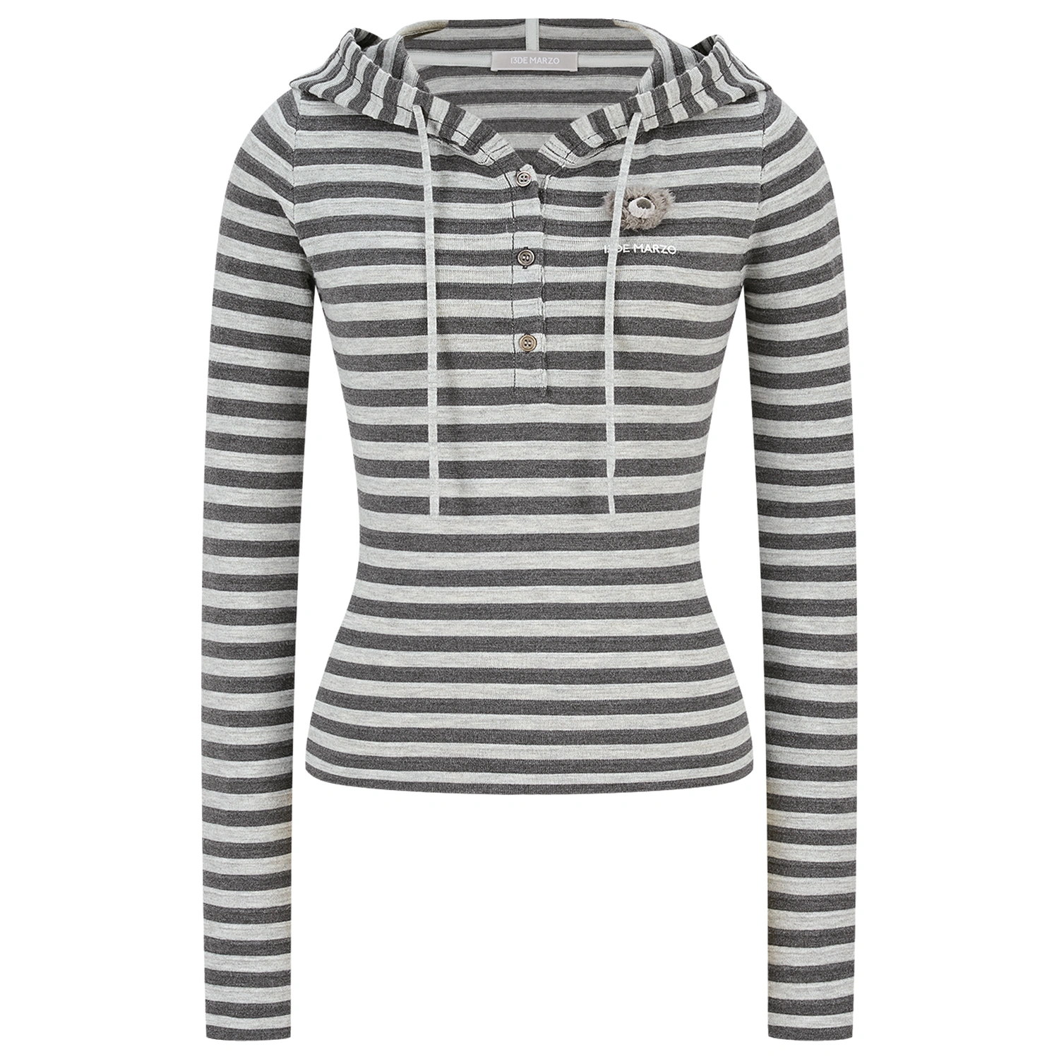 13DE MARZO Striped Bear Embossed Fitted Long Sleeve Grey