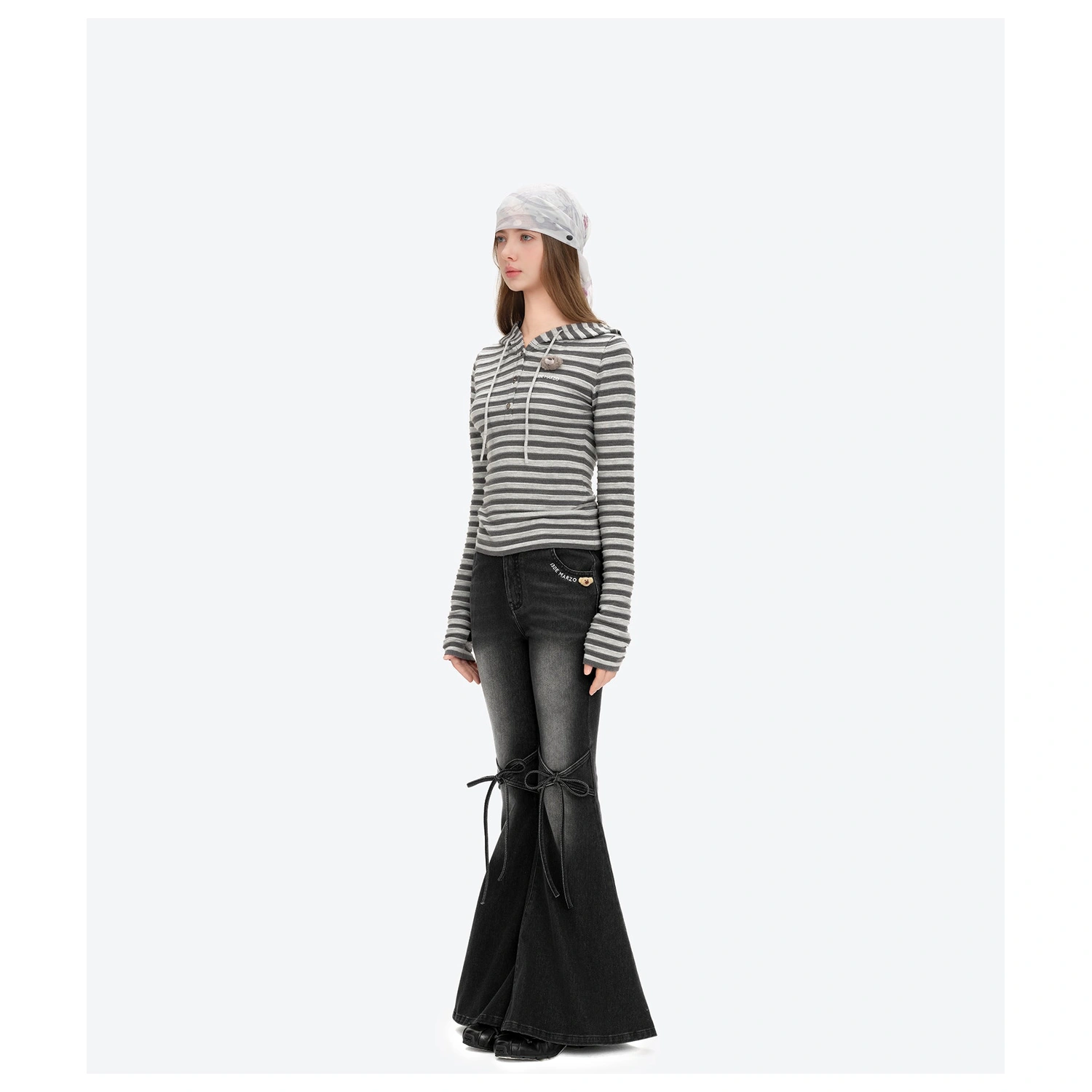 13DE MARZO Striped Bear Embossed Fitted Long Sleeve Grey back view