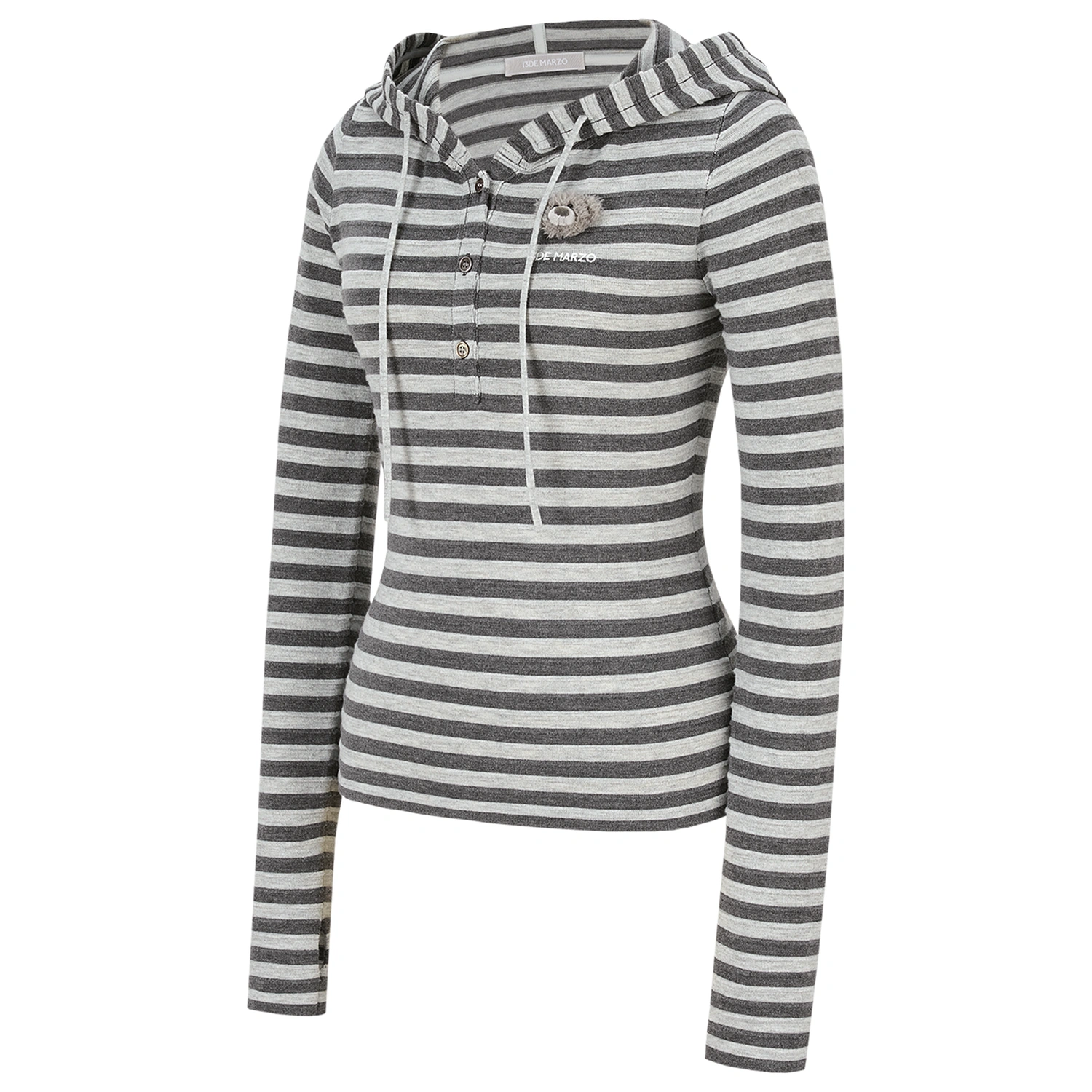 13DE MARZO Striped Bear Embossed Fitted Long Sleeve Grey fabric detail