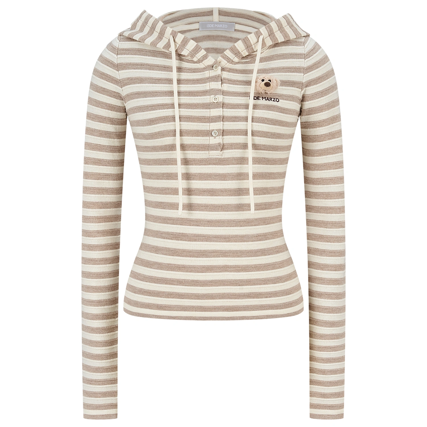 13DE MARZO Striped Bear Embossed Fitted Long Sleeve Khaki