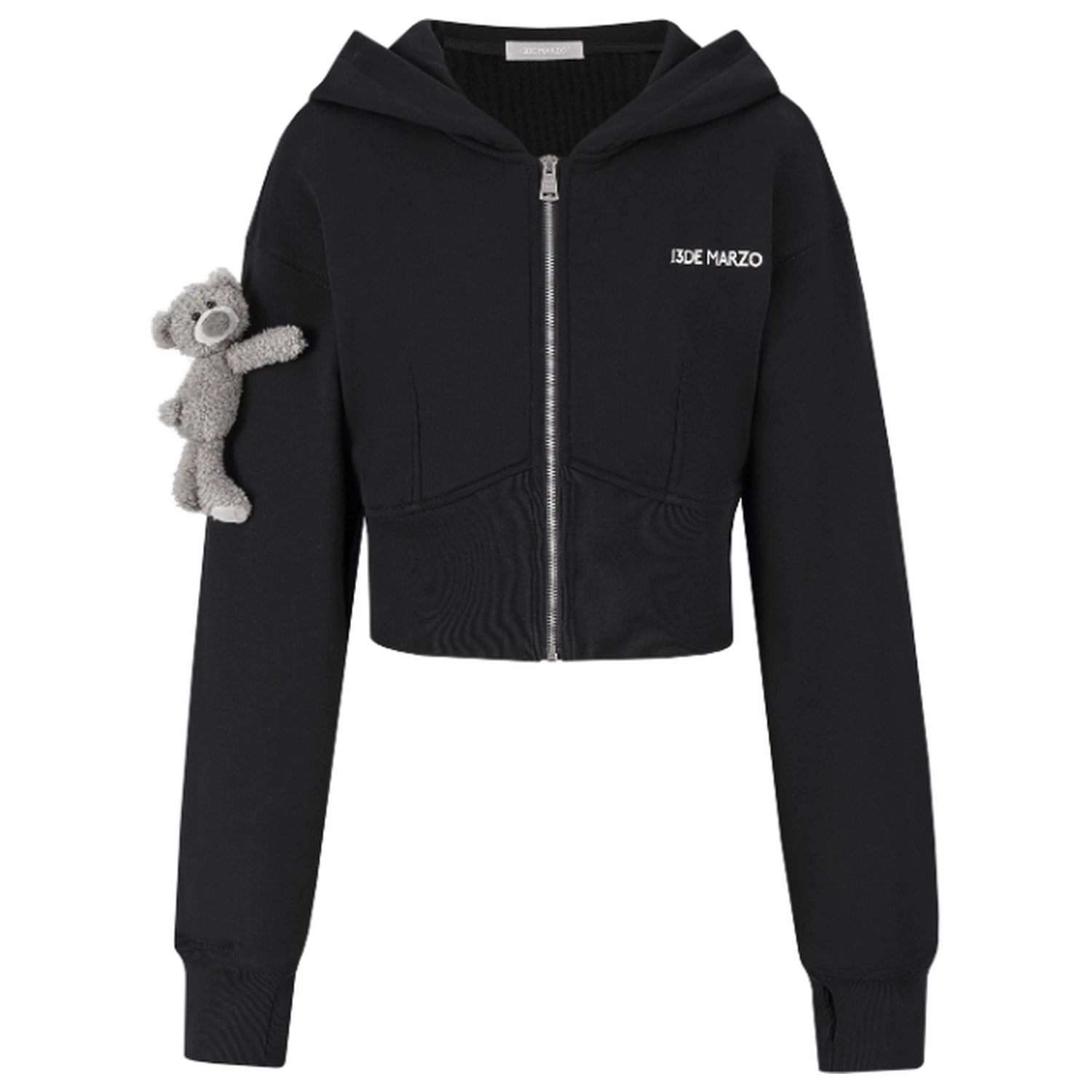 13DE MARZO Tapered Waist Bear Zip Hoodie Black