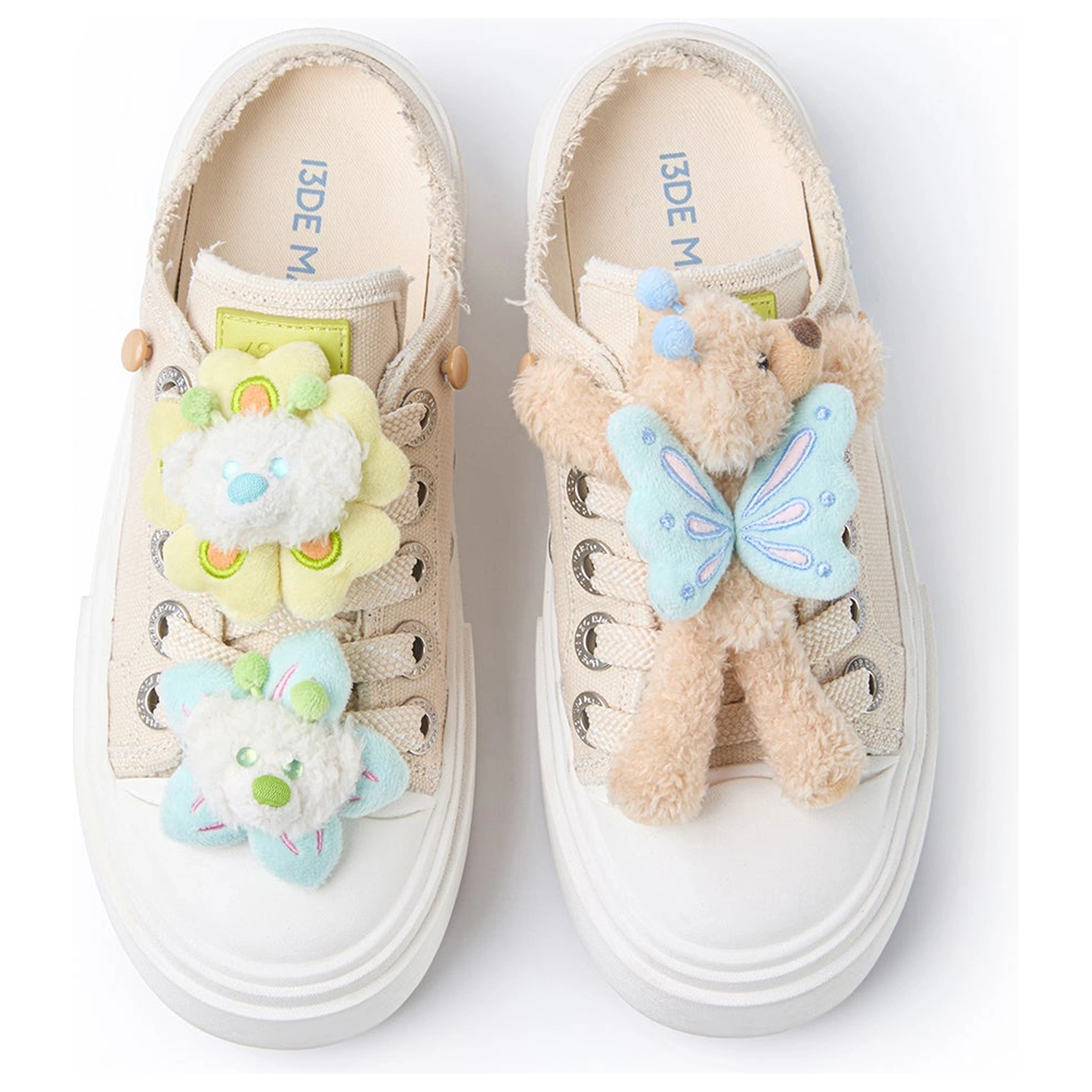 13DE MARZO Floral Butterfly Bear Backless Shoes Khaki front view