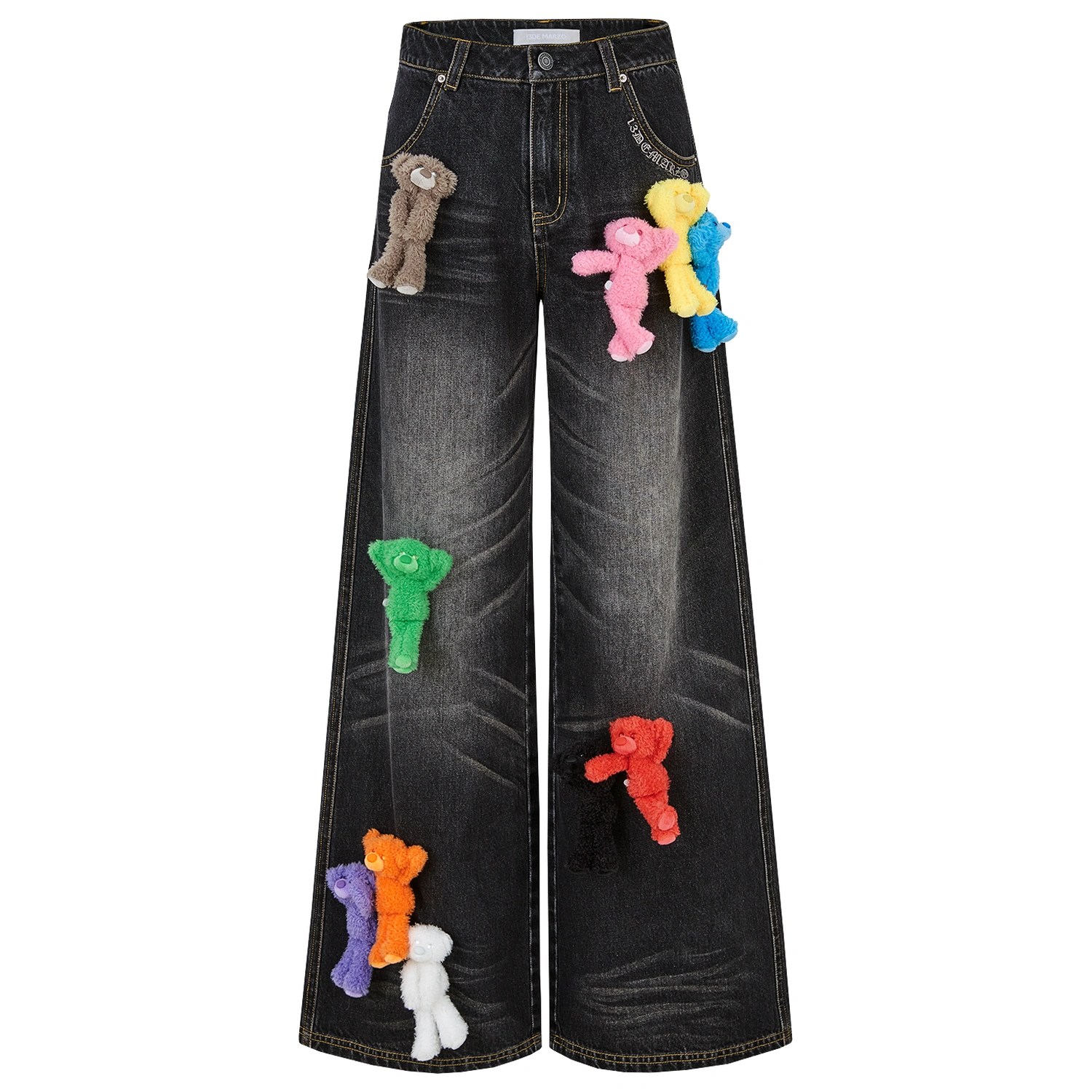 13DE MARZO Colorful All-Over Bear Print Jeans Black