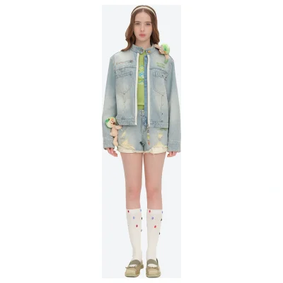 13DE MARZO Zip-Up Denim Jacket Blue front view