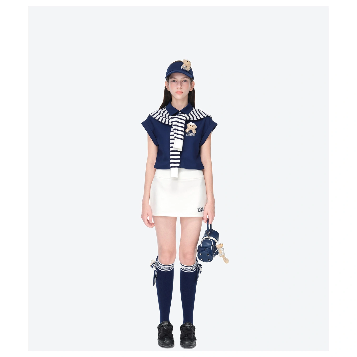 13DE MARZO Golf Shirt Two-Piece Set Navy Blue front view
