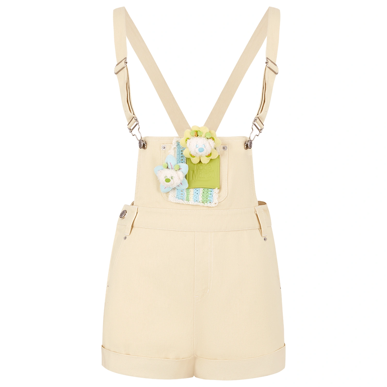 13DE MARZO Floral Doll Denim Overalls Khaki