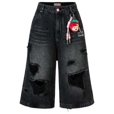 13DE MARZO Ripped Cropped Jeans Black