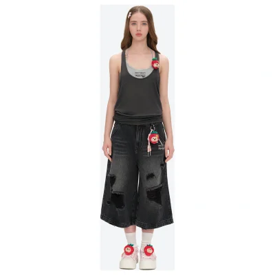 13DE MARZO Ripped Cropped Jeans Black