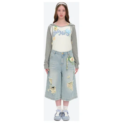 13DE MARZO Ripped Cropped Jeans Blue