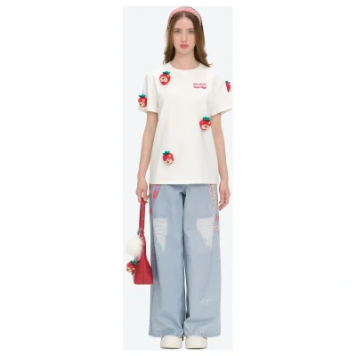 13DE MARZO Bear Print with Rhinestone T-shirt White front view