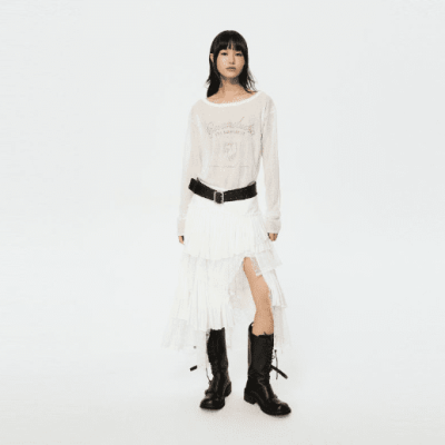 REVAN Asymmetric Layered Tulle & Mesh Skirt White
