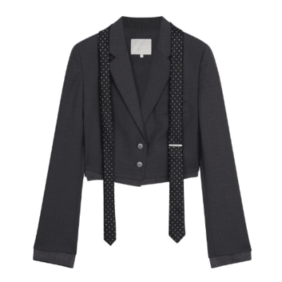 REVAN Cropped Blazer with Ribbon Tie Details Black