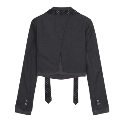 REVAN Cropped Blazer with Ribbon Tie Details Black