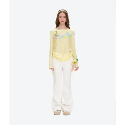 13DE MARZO Asymmetric Shoulder Long Sleeve Set Yellow