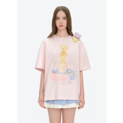 13DE MARZO Fountain Bear Print T-shirt Pink