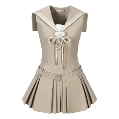 13DE MARZO Sailor Collar Dress Two-Piece Set Khaki