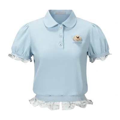 13DE MARZO Smocked Puff Sleeve Polo Style T-shirt