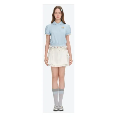 13DE MARZO Smocked Puff Sleeve Polo Style T-shirt