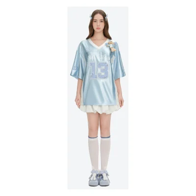 13DE MARZO Bear Cheerleader Satin Jersey T-shirt Blue