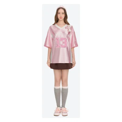 13DE MARZO Bear Cheerleader Satin Jersey T-shirt Pink